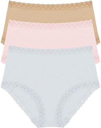 Natori Bliss Full Brief 3-Pack Womens Underwear Quarry/Pink Sky/Cafe : M (Womens 10-12), Cotton/Lace/Lycra