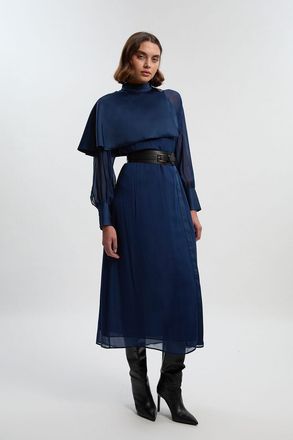 Karen Millen Womens Military Sheer Cape Detail Woven Maxi Dress - Navy Viscose - Size 10 UK