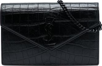 Saint Laurent Pre-owned Womens Croc Embossed Leather Monogram Monochrome Envelope Chain Wallet - Black - One Size