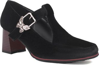 Generic Womens Velvet T Strap Pumps Butterfly Buckle Detail Square Toe Chunky Block Heel Non Slip Durable Comfortable Dress Daily Shoes,Black,6.5 UK