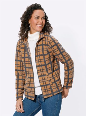 Casual Looks Fleecejacke CASUAL LOOKS, Damen, Gr. 46, braun (camel, anthrazit, bedruckt), 100% Polyester, gemustert, kariert, mehrfarbig, Jacken Fleecejacke