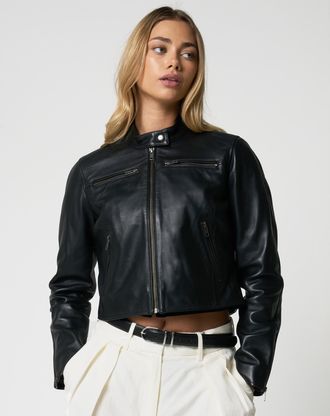Barneys WoMens Cropped Leather Racer Jacket - Black - Size 10 UK