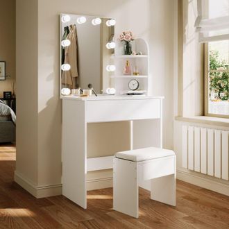 Elegant Lighting Elegant - Dressing Table with led Lights, Vanity Makeup Table Adjustable Brightness with Stool, 70x40x140cm White