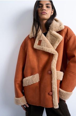 Topshop Faux Shearling Oversize Car Coat in Tan Multi at Nordstrom, Size X-Small