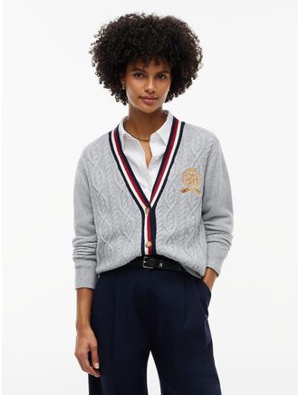Tommy Hilfiger Womens Signature Stripe Cable Knit Cardigan - Light Grey Heather - XXL