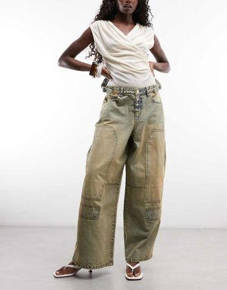 Liquor & Poker jeans baggy con dettaglio fibbia da pompiere e lavaggio sabbia-Neutro