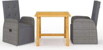 vidaXL 3 Piece Garden Dining Set with Cushions Grey Poly Rattan vidaXL