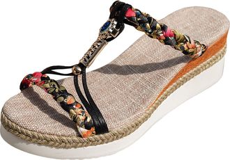 Generic Womens Espadrille Wedge Slides Bohemia Summer Vintage Beach With Flower Glitzy Jewels Outdoor Walking Slides Casual Summer Shoes