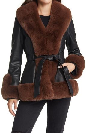Azalea Wang Faux Leather & Faux Fur Belted Coat in Black at Nordstrom, Size X-Large