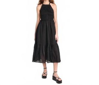 Sea New York Womens Cole Smocked Ramie Midi Dress In Black