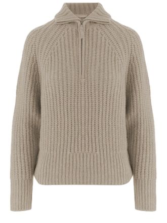 Allude Beige Zip Turtleneck Cashmere-Silk Sweater