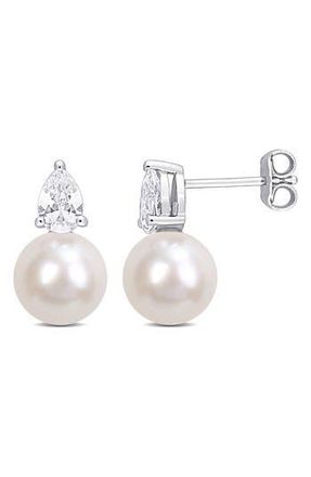 Delmar Sterling Silver 8.5-9mm Cultured Freshwater Pearl & Created White Sapphire Earrings at Nordstrom Rack