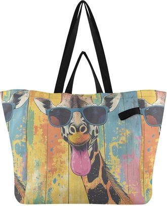 Generic Wood Giraffe Colorful print Reusable Canvas Tote Bag, Heavy Duty Grocery Shopping Bag with Double Handles Large Capacity Hard Bottom Work Groceries Tr
