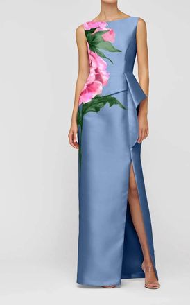 Kay Unger Luciana Column Gown In Pearl Blue Multi
