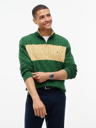 Tommy Hilfiger Mens Cable Knit Striped Quarter-Zip Sweater - Deep Evergreen - XXXL