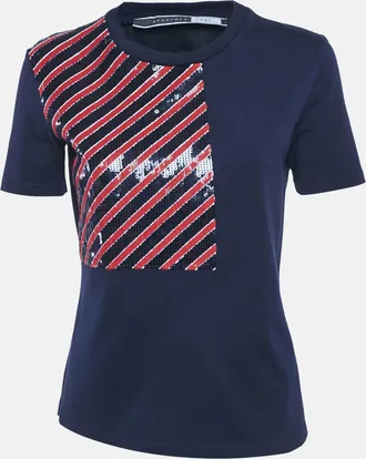 Sportmax Code Navy Blue Sequin Embellished Cotton T-Shirt