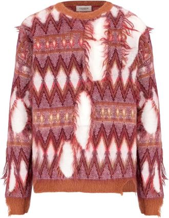 Laneus Rode Geometrische Crew Neck Trui - Heren - Ronde hals truien - Rood - L - Wol - Truien & Vesten