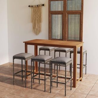 vidaXL Set De Bar Para Jard&iacute;n 7 Piezas Y Cojines Rat&aacute;n Sint&eacute;tico Gris Vidaxl