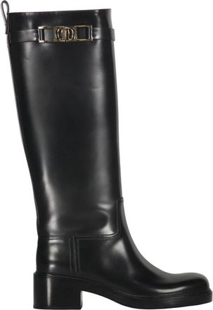 Ferragamo Kalfsleer Ronde Neus Rubberen Laarzen - Dames - Laarzen met Hak - Zwart - 40 EU - Leer - Schoenen