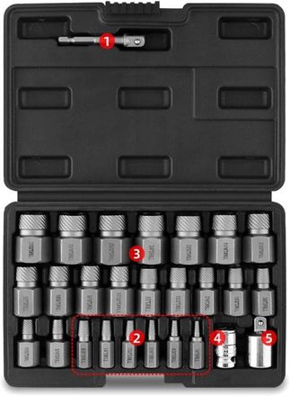 OEM Extractor De Tornillos Multitama&ntilde;o Para Tornillos Hexagonales Y De Cabeza Cuadrada Dif&iacute;ciles De Extraer, Con Estuche De Transporte