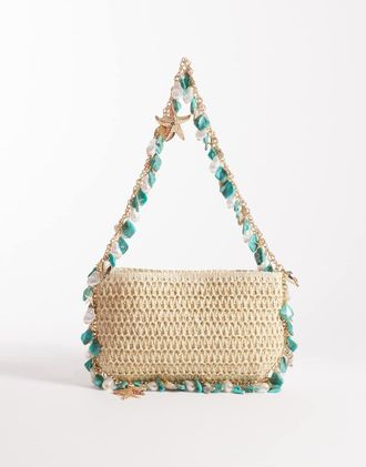 South Beach Borsa da spalla colore naturale decorata con conchiglie e perline-Neutro