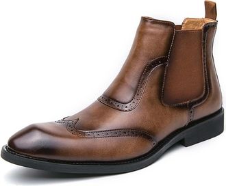 Generic Mens Pointed Toe PU Leather Vintage Brogue Boot Pull on Chelsea Ankle Boots Flat Heel Short Boots,Brown,7.5 UK