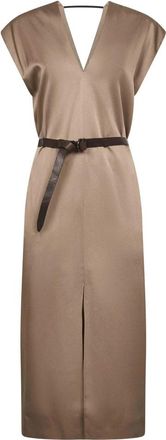 Brunello Cucinelli Duifgrijze V-hals Jurk met Monili Band Detail - Dames - Casual kleedjes - Bruin - M - Kleedjes