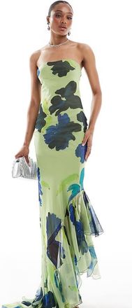 Asos Tall ASOS DESIGN Tall bandeau maxi dress with asymmetric ruffle hem in lime abstract floral print-Multi