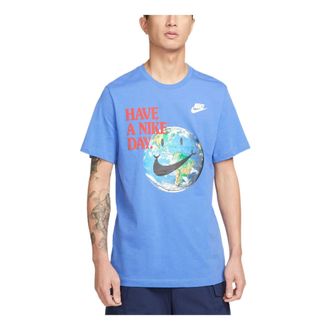 Nike Mens Nike Earth Pattern Logo Printing Round Neck Short Sleeve Light Racing Blue T-Shirt DM6332-432