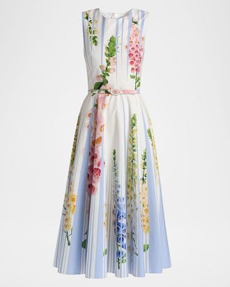 Oscar De La Renta Foxglove Trompe Loeil Belted Cotton Poplin Dress