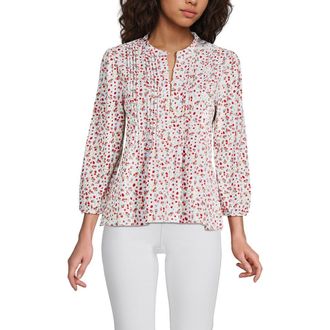 Lands End Lightweight Jersey Button Pintuck Top in White Floral Strawberries at Nordstrom, Size X-Small