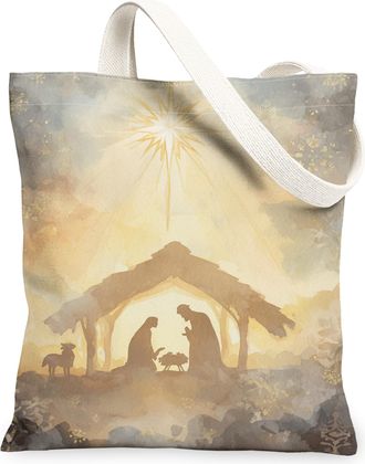 Generic Vintage Nativity Scene Canvas Tote Bags, Artistic Design Reusable Grocery Bags, Winter Holiday Lightweight Washable Shoulde, Beige, 13x15 Inch