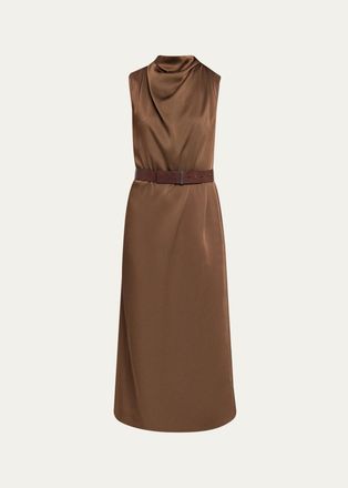 Brunello Cucinelli Cowl-Neck Fluid Satin Cady Sleeveless Belted Midi Dress