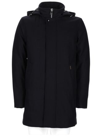 Palt&ograve; Hooded Black Wool-Blend Coat with Minimalist Design