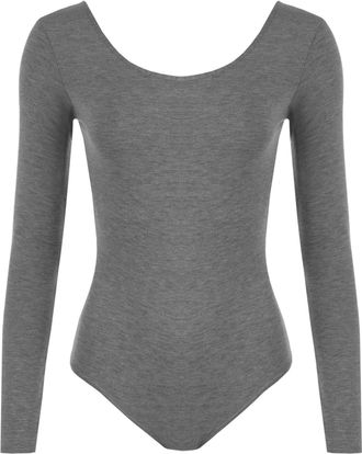 Generic Unbranded New Womens Ladies Scoop Neck Bodysuit Long Sleeve Leotard Plain Stretch Basic Top UK 8-14 (S/M (UK 8/10), Charcoal)