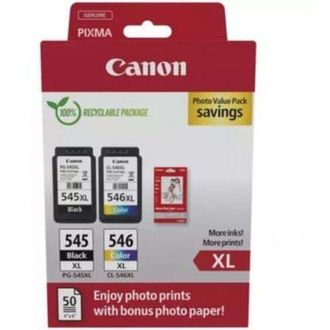 CANON Paquete De 2 Cartuchos De Tinta + Paquete De Papel Fotogr&aacute;fico Canon Pg-545xl Negro + Cl-546xl Color - Alto Rendimiento