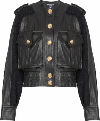 Balmain Tweed en leren bomberjack - Dames - Leren en Su&egrave;de Jassen - Zwart - XS - Tweed - Jassen