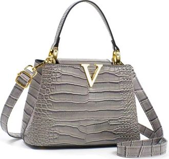 Generic Luxury Crocodile Embossed Leather Handbag for Women - Elegant Black Top Handle Bag with Gold Hardware & Adjustable Shoulder Strap (Grey)