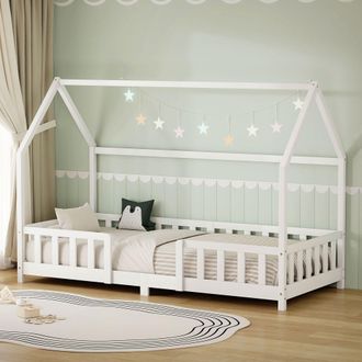 ML Design Ml-design Cama Infantil 90x200 Cm En Forma De Casa, Madera Maciza De Pino Blanco Con Protecci&oacute;n Antica&iacute;da, Techo Y Somier De L&aacute;minas, Cuna De Suelo Pa