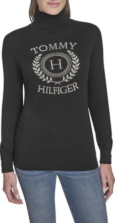 Tommy Hilfiger Womens Long Sleeve Cotton Turtleneck Light Weight Sweater, Black Multi Logo, Small