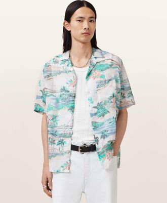 AllSaints Viscose Biarritz Short Sleeve Printed Shirt, Size: XXL