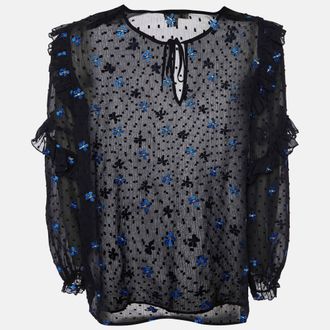 Maje Black Dotted Embroidered Crepe Ruffled Top L