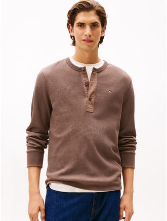 Tommy Hilfiger Mens Long-Sleeve Waffle-Knit Henley T-Shirt - Brown - XXL