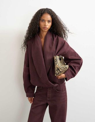 Topshop bomber jacket con scollo drappeggiato avvolgente color melanzana-Marrone