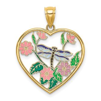 Diamond2Deal 14k Yellow Gold Enamel Dragonfly and Flower in Heart Charm Pendant