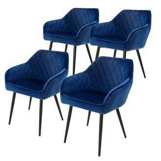 ML Design Ml-design Set 4x Sillas De Comedor Azul Oscuro Estilo Moderno Asiento Tapizado De Terciopelo Patas De Metal Negras Con Respaldo Y Apoyabrazos Sill&oacute;n E