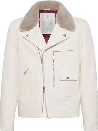 Brunello Cucinelli Nappa leather padded biker jacket in Ivory at Nordstrom, Size X-Large Eu
