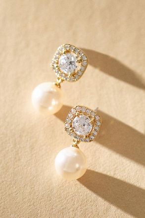 Nadri Cushion Crystal Halo Pearl Earrings