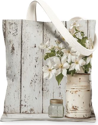 Generic Spring Clematis Flower Canvas Tote Bag for Shopping 13x15, Farmhouse Rustic Florals Reusable Grocery Print Pattern Bag for Women, Country Beach Aesthe
