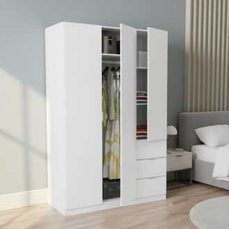 Dmora Guardarropa Fullerton, Armario Dormitorio Con 3 Puertas Y 3 Cajones, Mueble Con 3 Baldas Y Barra Perchero, Cm 135x52h200, Blanco, Con Embalaje Reforza